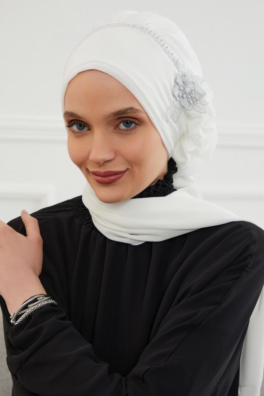 Taşlı Çiçek Aksesuarlı Tasarım Şifon Hazır Türban,HT-62 Kırık Beyaz - 4