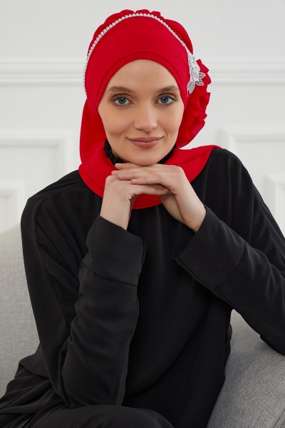 Moda Çizgi - وشاح جاهز من الشيفون مع إكسسوارات زهور مرصعة بالأحجار، HT-62 أحمر