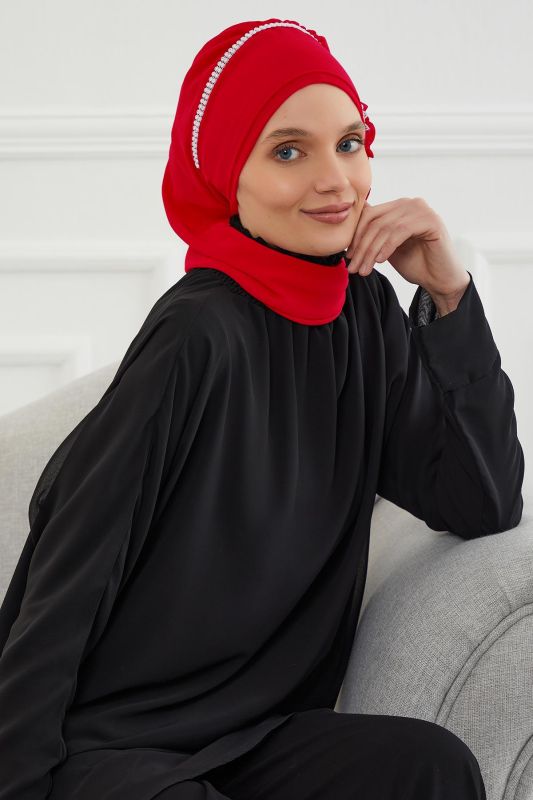 Taşlı Çiçek Aksesuarlı Tasarım Şifon Hazır Türban,HT-62 Kırmızı - 4
