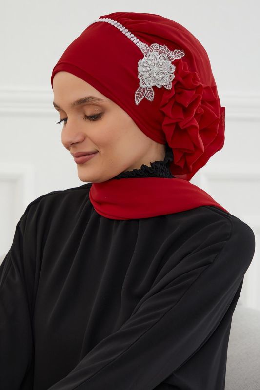 Taşlı Çiçek Aksesuarlı Tasarım Şifon Hazır Türban,HT-62 Kırmızı - 8