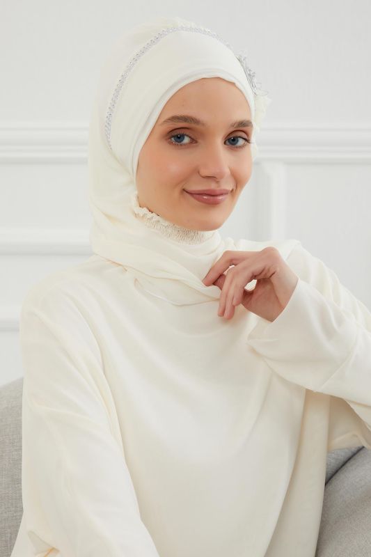 Taşlı Çiçek Aksesuarlı Tasarım Şifon Hazır Türban,HT-62 Krem - 7