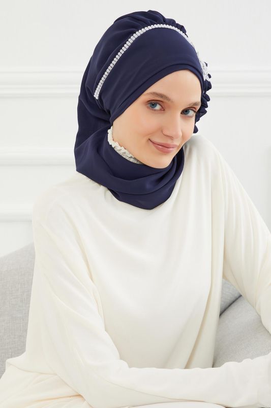 Taşlı Çiçek Aksesuarlı Tasarım Şifon Hazır Türban,HT-62 Lacivert - 4