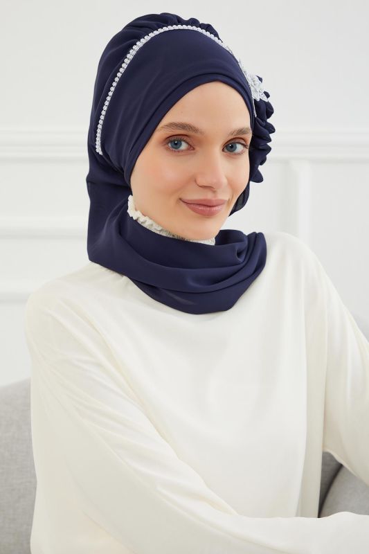 Taşlı Çiçek Aksesuarlı Tasarım Şifon Hazır Türban,HT-62 Lacivert - 5