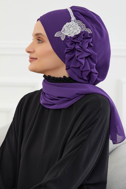 Taşlı Çiçek Aksesuarlı Tasarım Şifon Hazır Türban,HT-62 Mor - 2