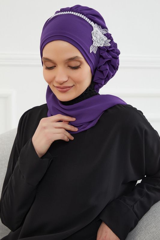 Taşlı Çiçek Aksesuarlı Tasarım Şifon Hazır Türban,HT-62 Mor - 3