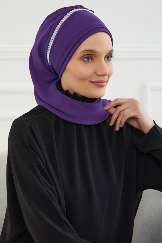 Taşlı Çiçek Aksesuarlı Tasarım Şifon Hazır Türban,HT-62 Mor - 4