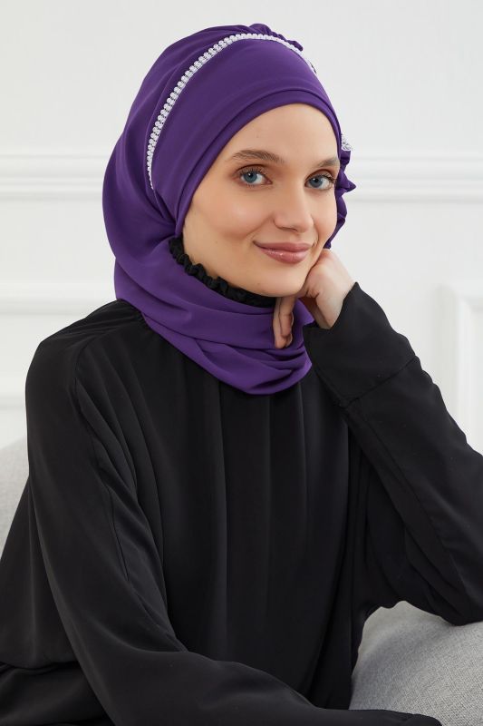 Taşlı Çiçek Aksesuarlı Tasarım Şifon Hazır Türban,HT-62 Mor - 5