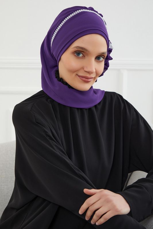 Taşlı Çiçek Aksesuarlı Tasarım Şifon Hazır Türban,HT-62 Mor - 6