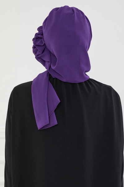 Design Chiffon Ready-made Scarf with Stoned Flower Accessories, HT-62 Purple - Thumbnail