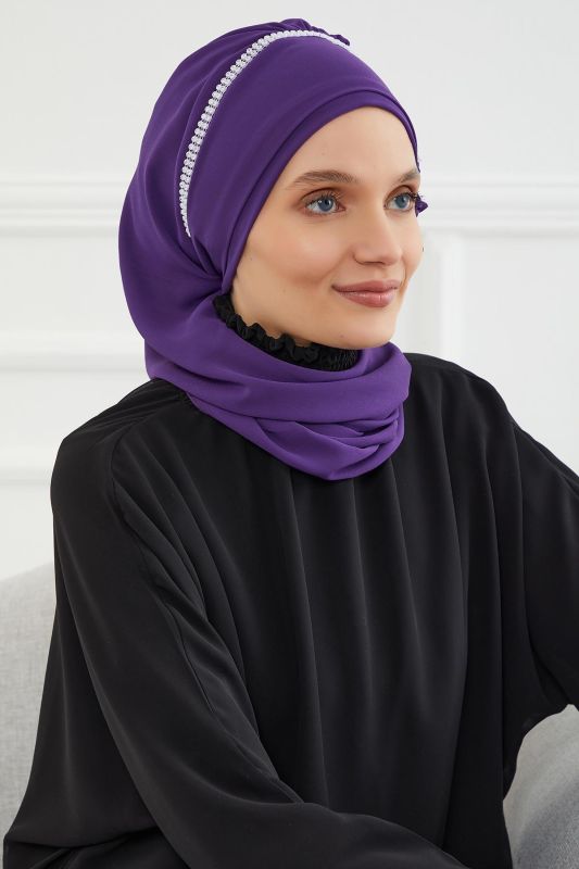 Taşlı Çiçek Aksesuarlı Tasarım Şifon Hazır Türban,HT-62 Mor - 8