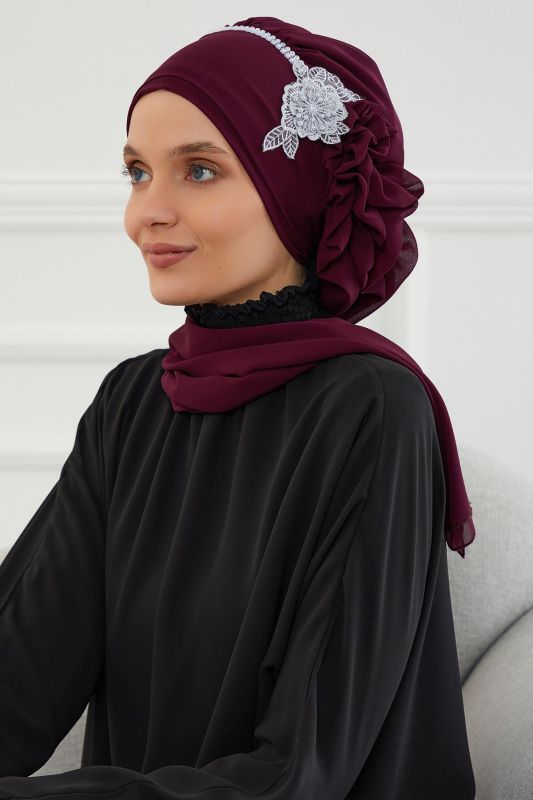 Taşlı Çiçek Aksesuarlı Tasarım Şifon Hazır Türban,HT-62 Mürdüm - 1
