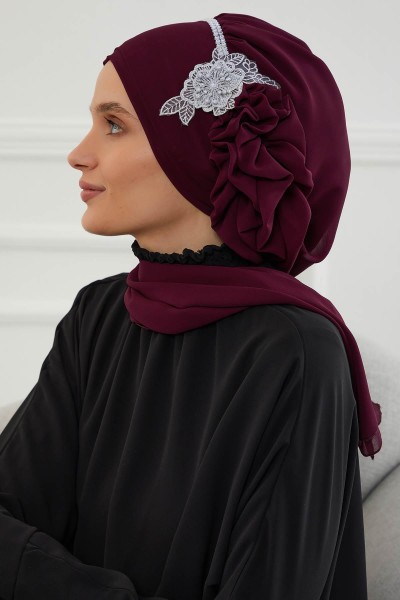 Design Chiffon Ready Scarf with Stoned Flower Accessories, HT-62 Plum - Thumbnail