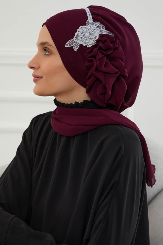 Taşlı Çiçek Aksesuarlı Tasarım Şifon Hazır Türban,HT-62 Mürdüm - 2