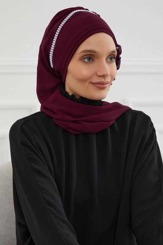 Taşlı Çiçek Aksesuarlı Tasarım Şifon Hazır Türban,HT-62 Mürdüm - 3