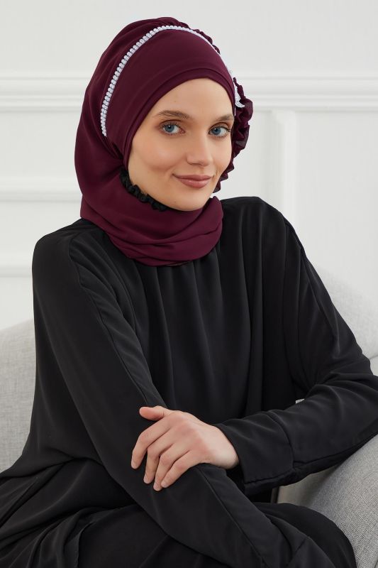 Taşlı Çiçek Aksesuarlı Tasarım Şifon Hazır Türban,HT-62 Mürdüm - 5