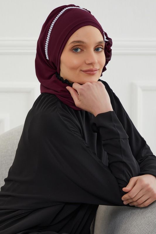 Taşlı Çiçek Aksesuarlı Tasarım Şifon Hazır Türban,HT-62 Mürdüm - 6