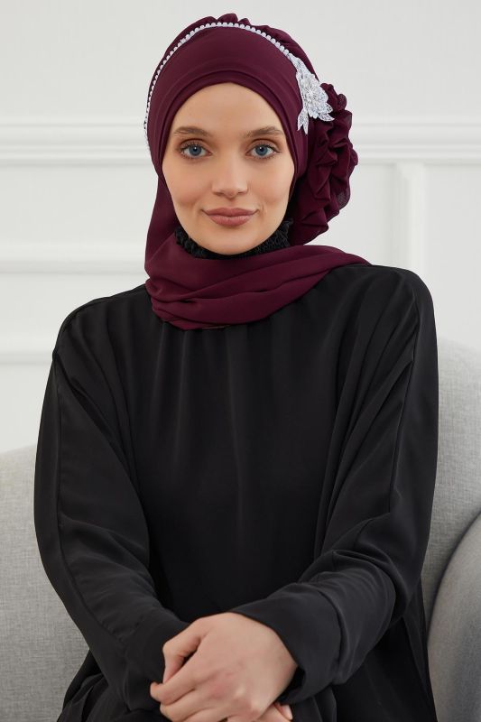 Taşlı Çiçek Aksesuarlı Tasarım Şifon Hazır Türban,HT-62 Mürdüm - 7