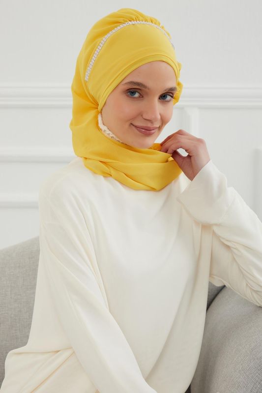 Taşlı Çiçek Aksesuarlı Tasarım Şifon Hazır Türban,HT-62 Sarı - 4