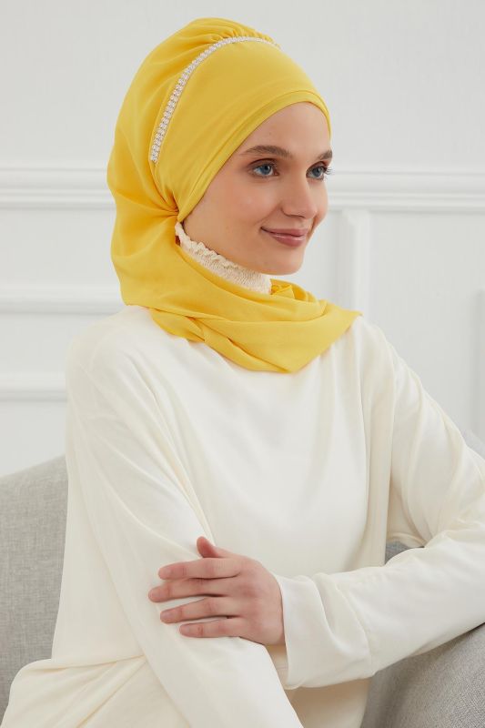 Taşlı Çiçek Aksesuarlı Tasarım Şifon Hazır Türban,HT-62 Sarı - 6