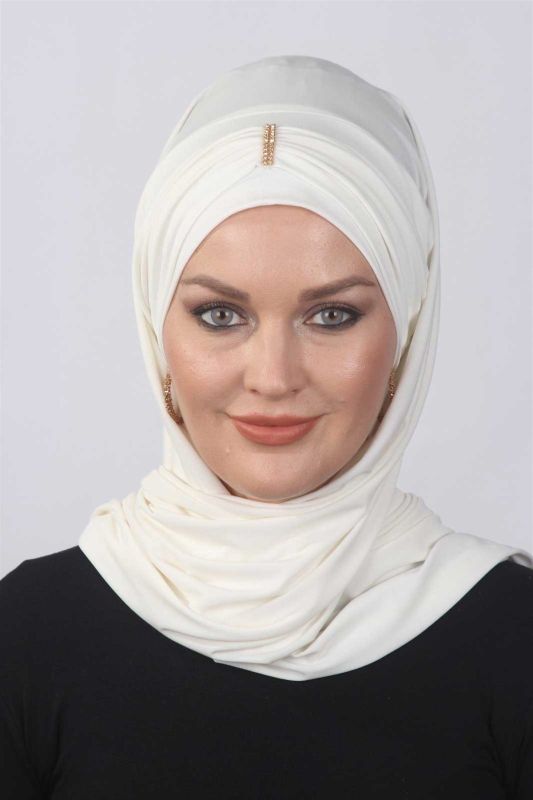 Taşlı Hazır Şal Beyaz - 1