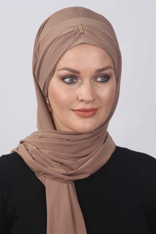 Taşlı Hazır Şal Caramel - 1