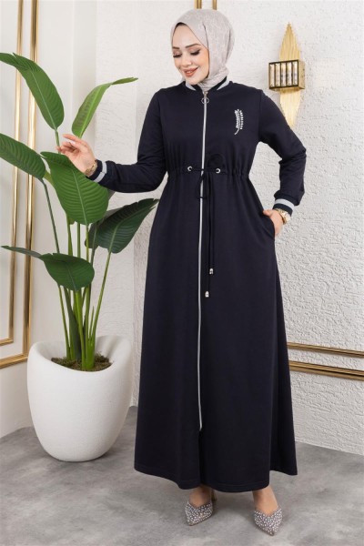 Taşlı Ribana Detaylı Ferace LACİVERT - Thumbnail