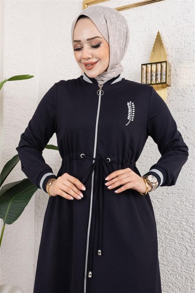 Taşlı Ribana Detaylı Ferace LACİVERT - Thumbnail