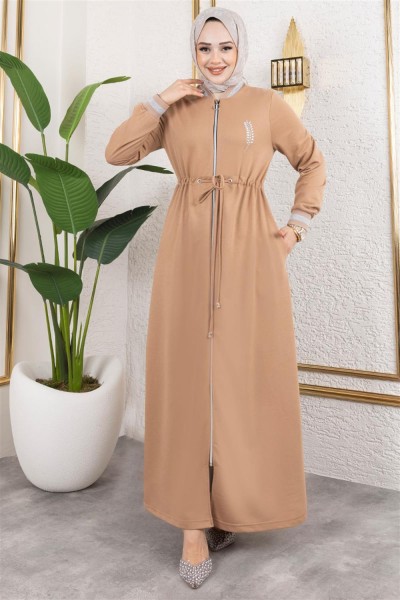 MP - Taşlı Ribana Detaylı Ferace LATTE