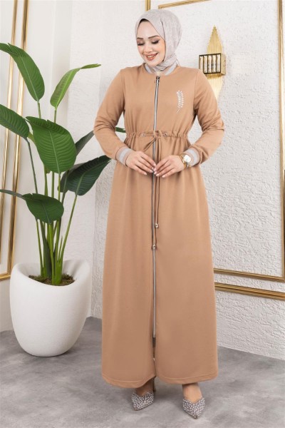 Taşlı Ribana Detaylı Ferace LATTE - Thumbnail