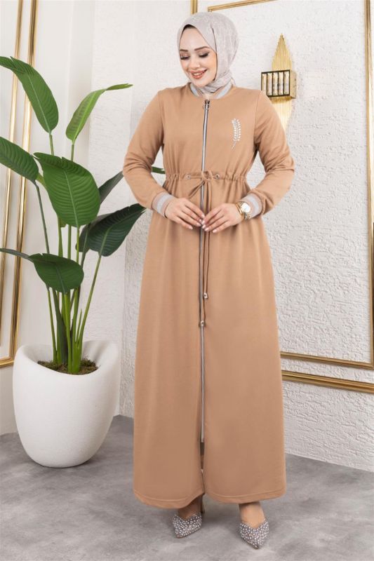 Taşlı Ribana Detaylı Ferace LATTE - 2