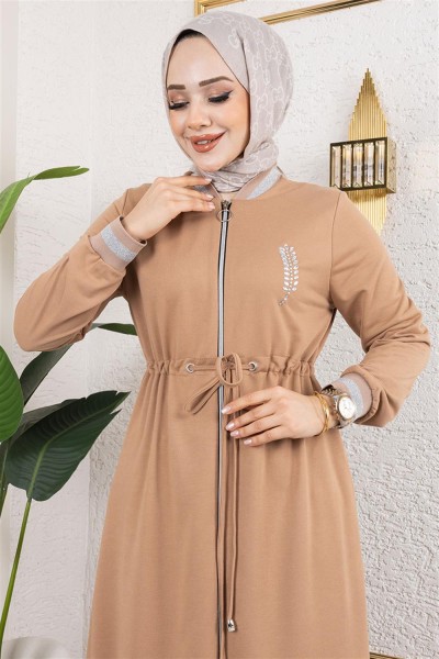 Taşlı Ribana Detaylı Ferace LATTE - Thumbnail