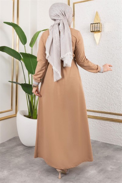 Taşlı Ribana Detaylı Ferace LATTE - Thumbnail