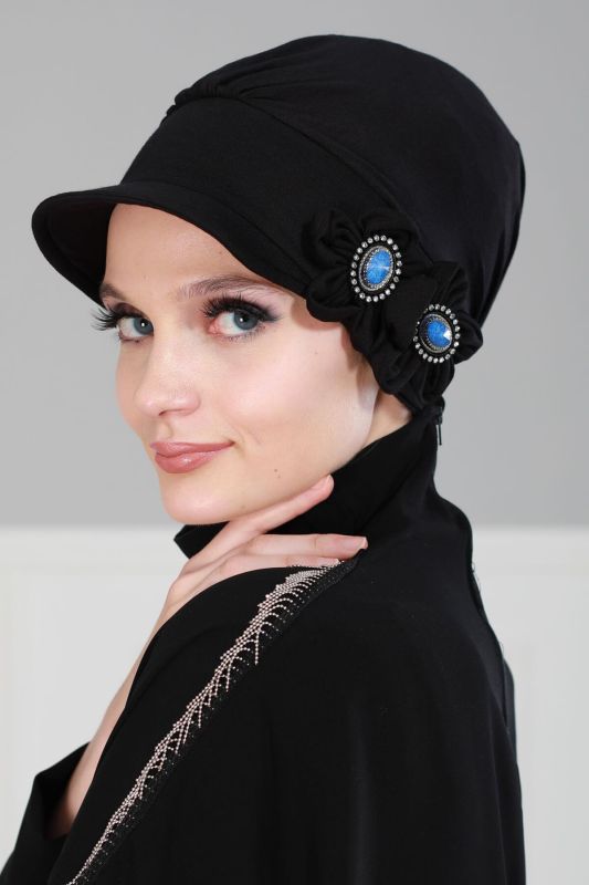 Taşlı Şapka Bone,B-43 Siyah - Saks Taşlı - 4