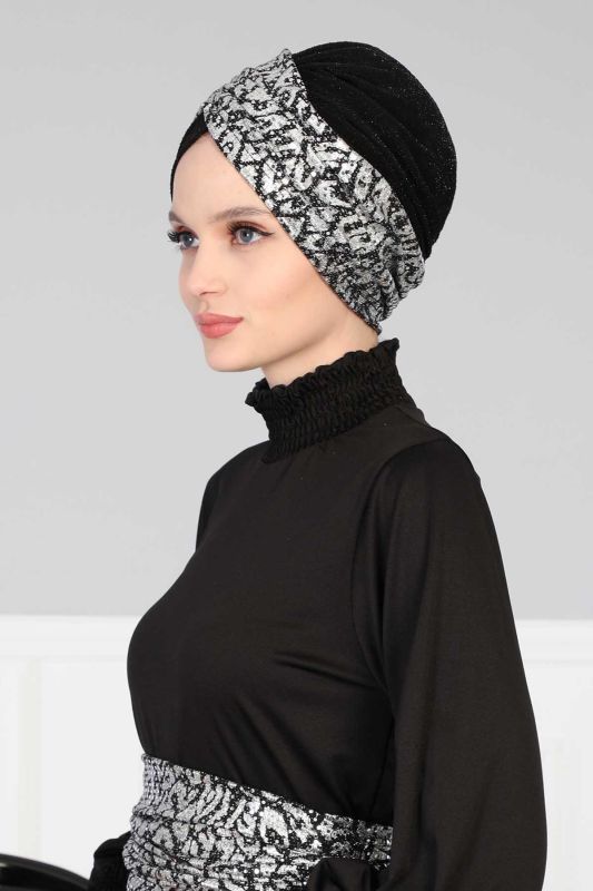 Tesettür Bone Payetli Buzy,B-9PB1 Balık Gözü Zebra - Siyah - 3