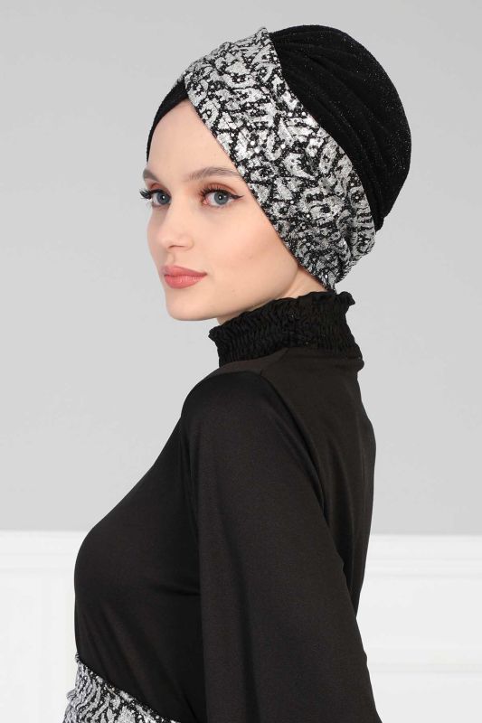 Tesettür Bone Payetli Buzy,B-9PB1 Balık Gözü Zebra - Siyah - 5