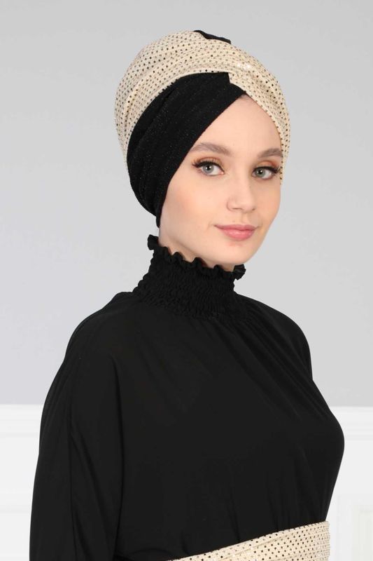 Tesettür Bone Payetli Buzy,B-9PB1 Gold Pullu - Siyah - 2