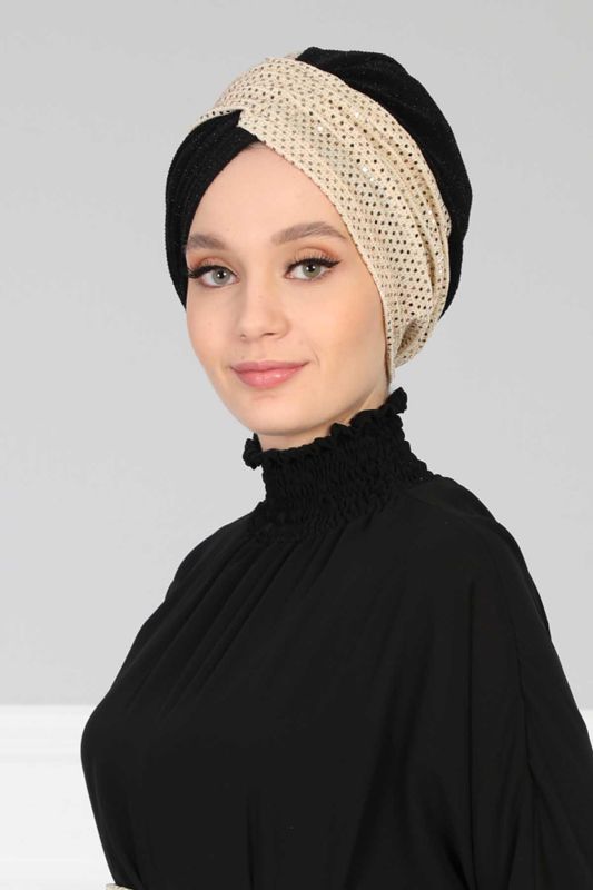 Tesettür Bone Payetli Buzy,B-9PB1 Gold Pullu - Siyah - 3