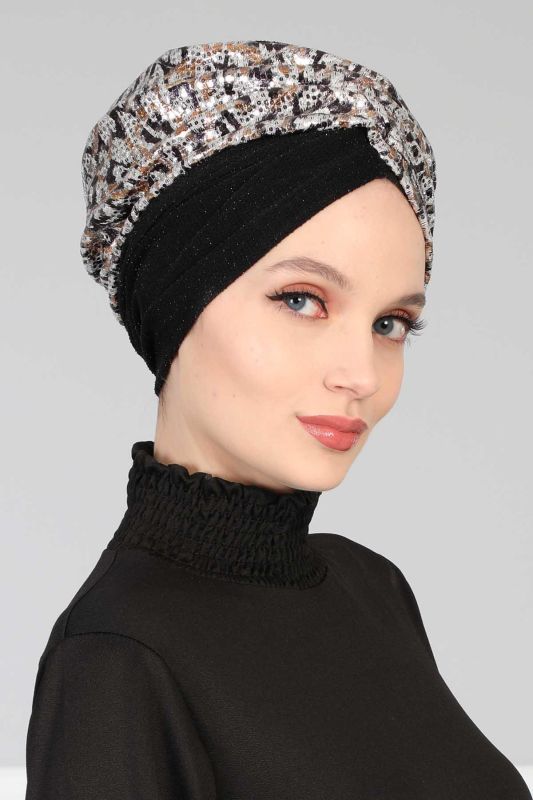 Tesettür Bone Payetli Buzy,B-9PB1 Gri Kahve - Siyah - 2