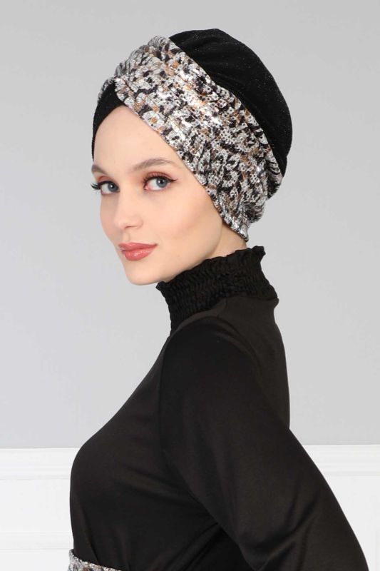Tesettür Bone Payetli Buzy,B-9PB1 Gri Kahve - Siyah - 3
