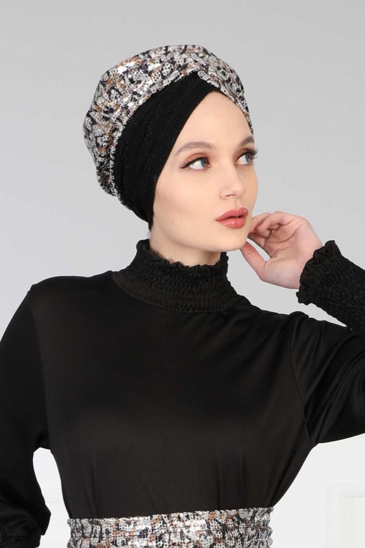 Tesettür Bone Payetli Buzy,B-9PB1 Gri Kahve - Siyah - 4