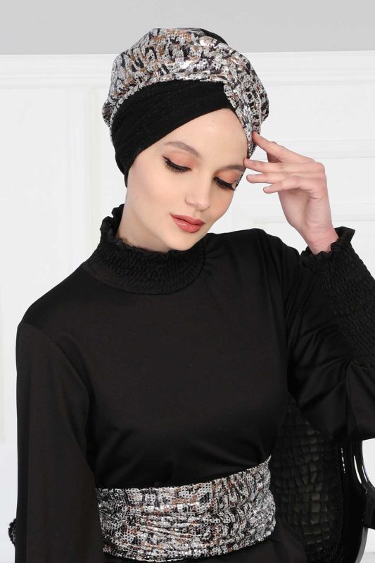 Tesettür Bone Payetli Buzy,B-9PB1 Gri Kahve - Siyah - 5