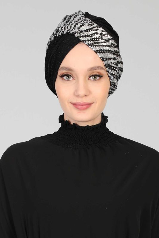Tesettür Bone Payetli Buzy,B-9PB1 Zebra - Siyah - 1