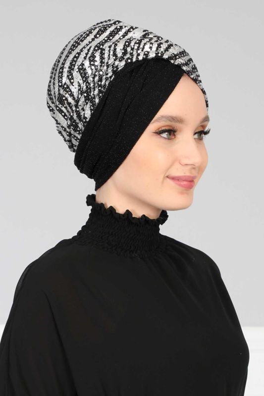 Tesettür Bone Payetli Buzy,B-9PB1 Zebra - Siyah - 2