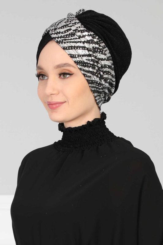 Tesettür Bone Payetli Buzy,B-9PB1 Zebra - Siyah - 3