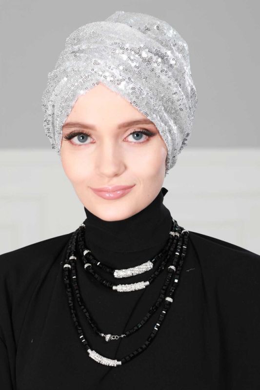 Hijab Bonnet Sequined, B-9P Silver - 1