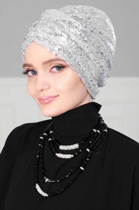 Hijab Bonnet Sequined, B-9P Silver - 2