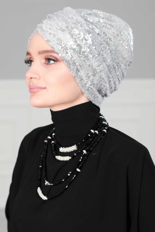 Hijab Bonnet Sequined, B-9P Silver - 3