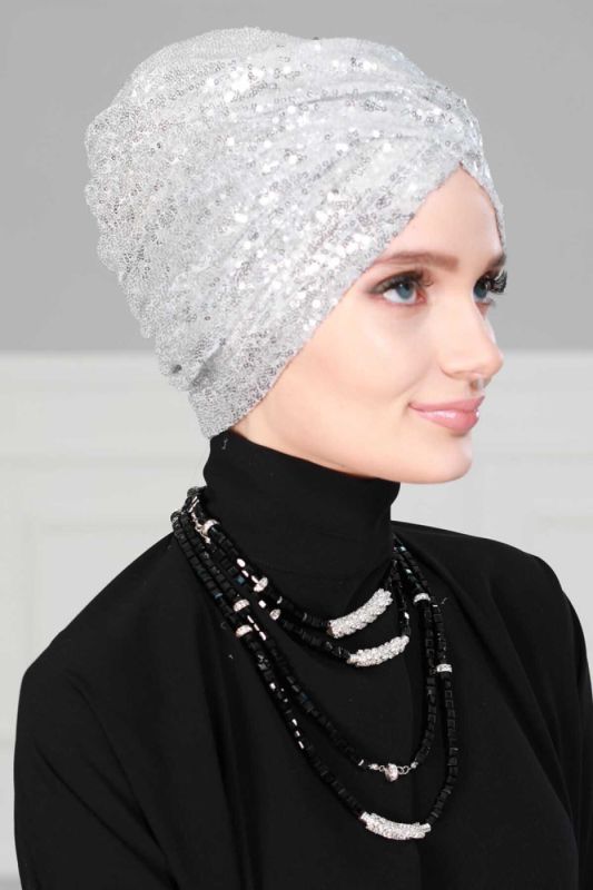 Hijab Bonnet Sequined, B-9P Silver - 4