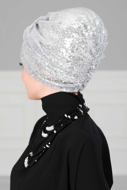 Hijab Bonnet Sequined, B-9P Silver - 5