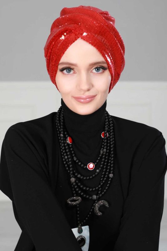 Hijab Bonnet Sequined, B-9P Red - 1